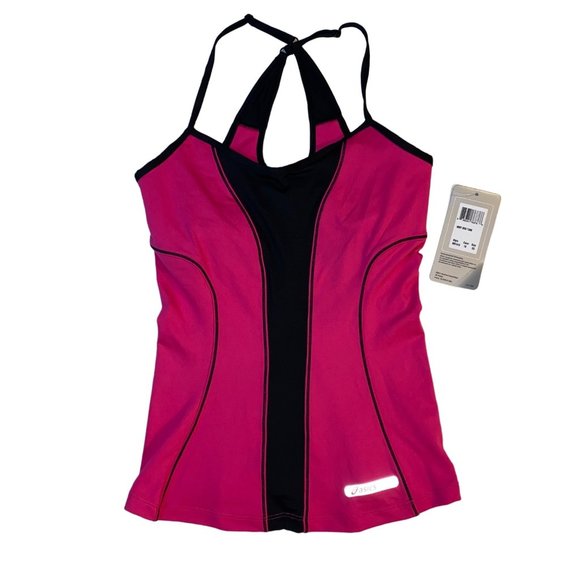 Asics Womens Pink Black Cross Back Abby Bra Tank WR1615-18, Size XS NEW - Picture 1 of 8